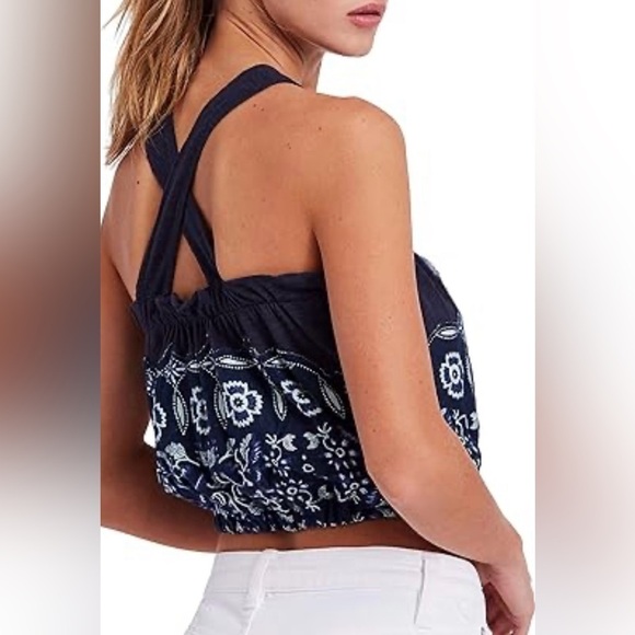 We The Free | Free People Love Life Bubble Top in Linen Cotton Navy Combo size S - Picture 4 of 15